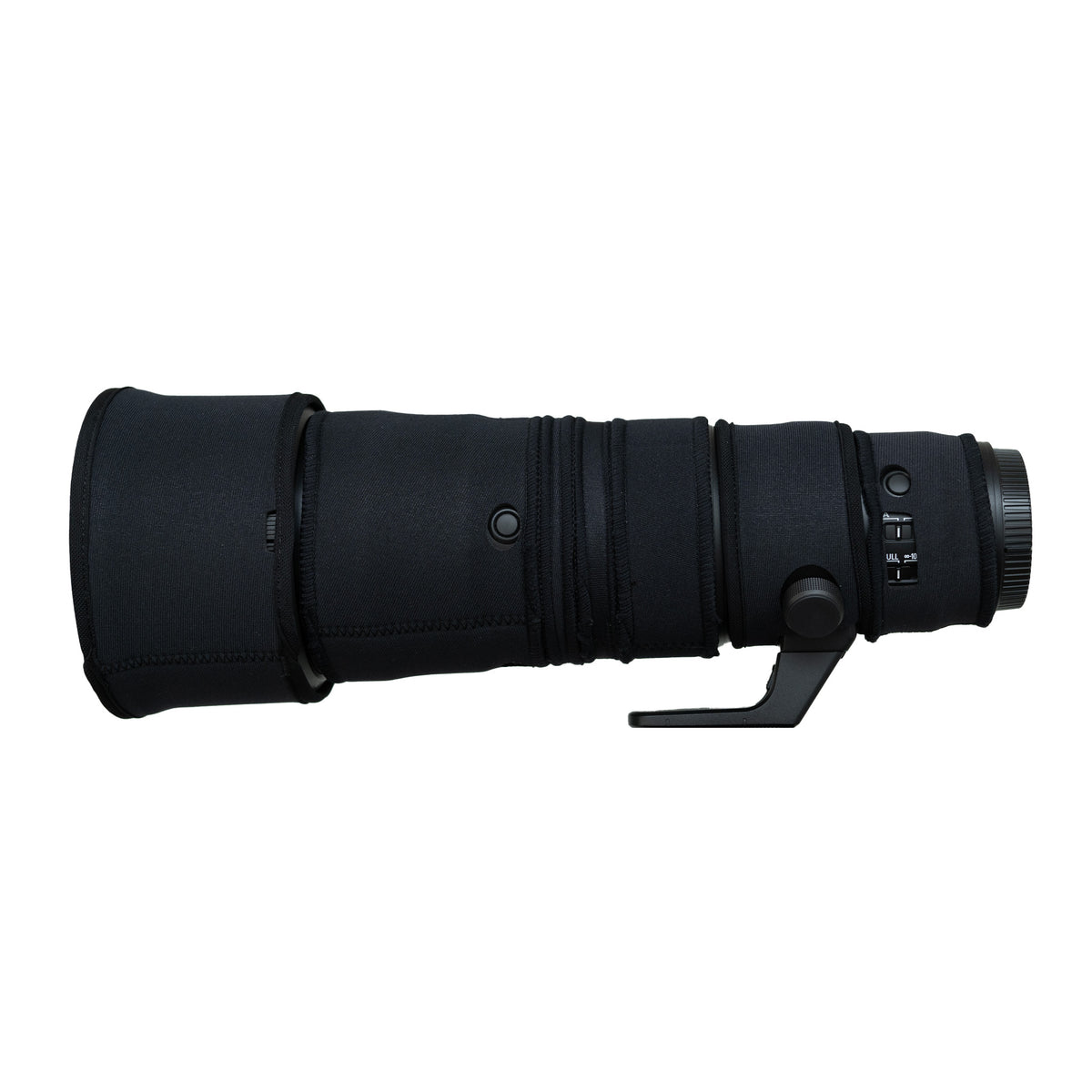 Black lens cover on Nikon Z 600mm f/6.3 PF showing cut-outs for the buttons and switches