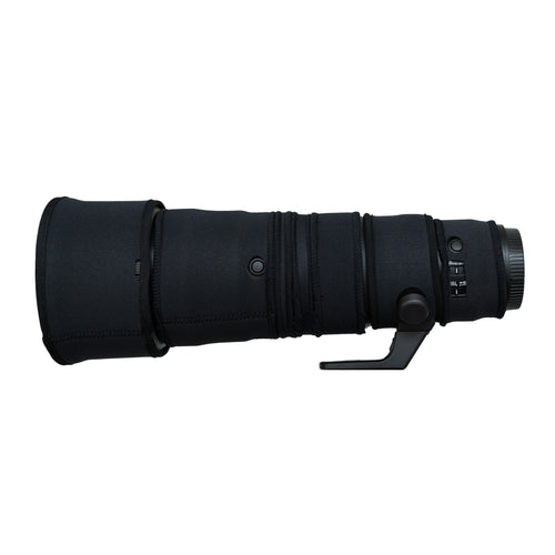 Black lens cover on Nikon Z 600mm f/6.3 PF showing cut-outs for the buttons and switches