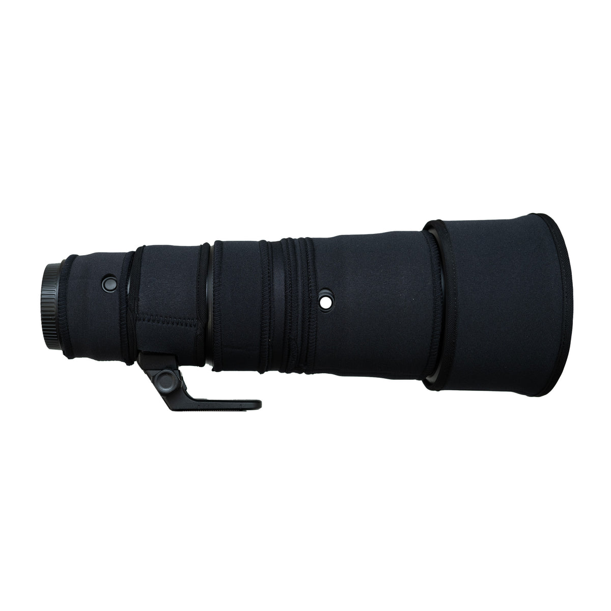 Yurecam black neoprene lens cover fitted to a Nikon Z 600mm f/6.3 VR S PF lens, side view