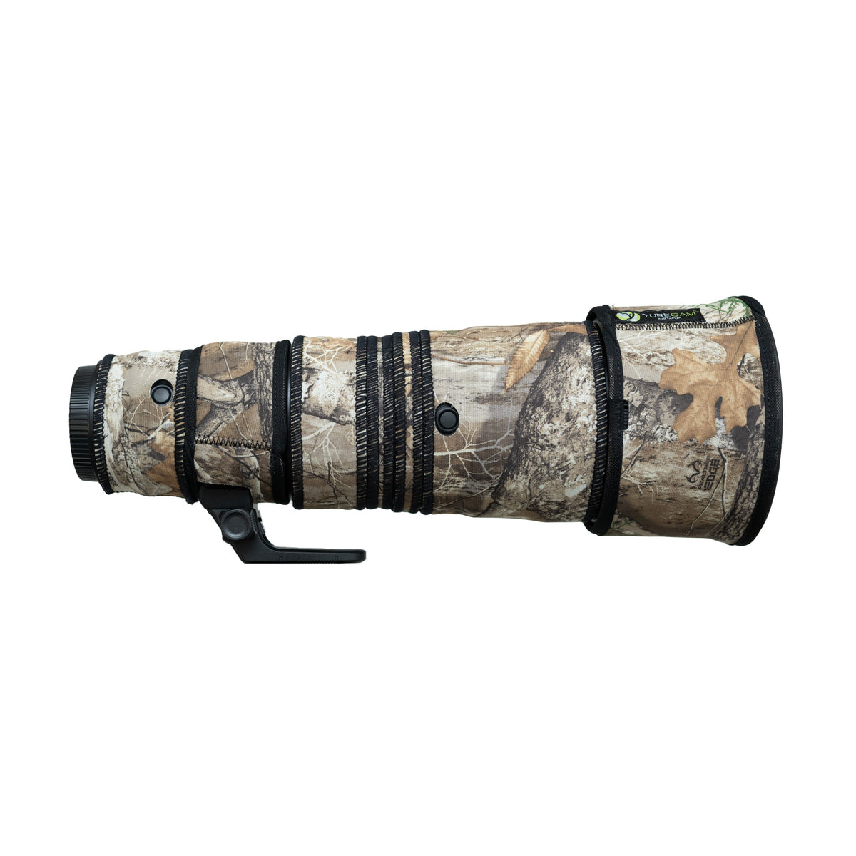 Yurecam Edge Camo neoprene lens cover on a Nikon Z 600mm f/6.3 VR S PF lens, side view
