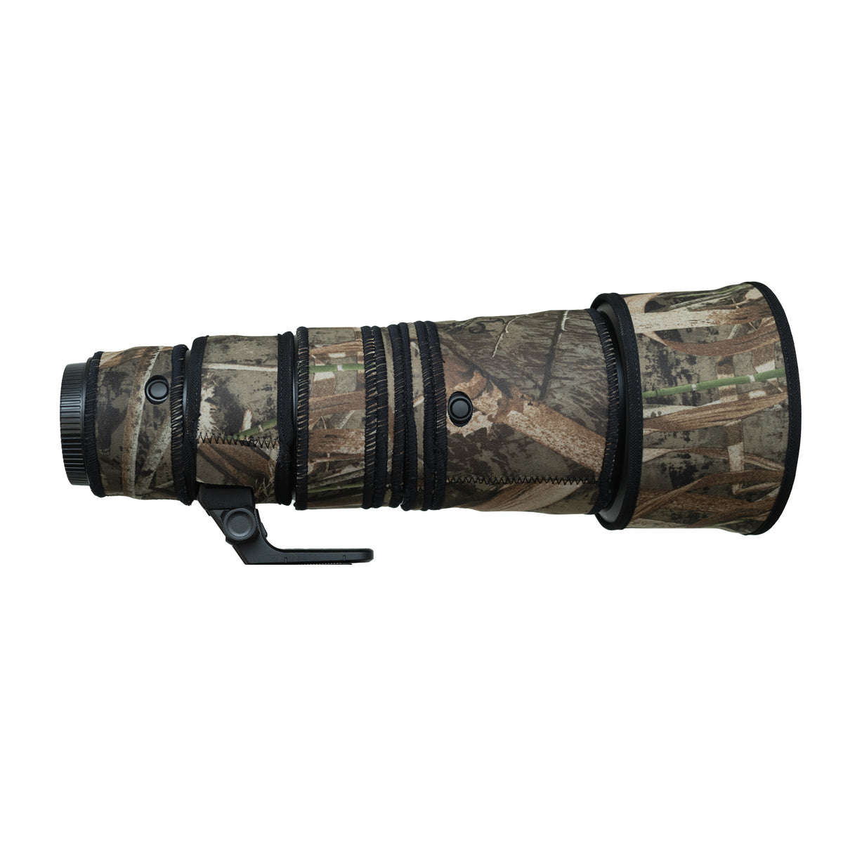 Yurecam Max Camo neoprene lens cover on a Nikon Z 600mm f/6.3 VR S PF lens, side view