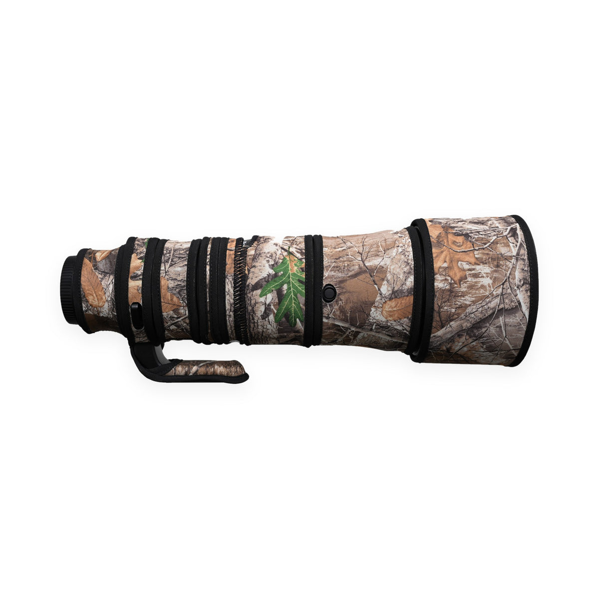 Yurecam Edge Camo neoprene lens cover fitted to a Nikon Z 180-600mm f/5.6-6.3 VR lens, side view