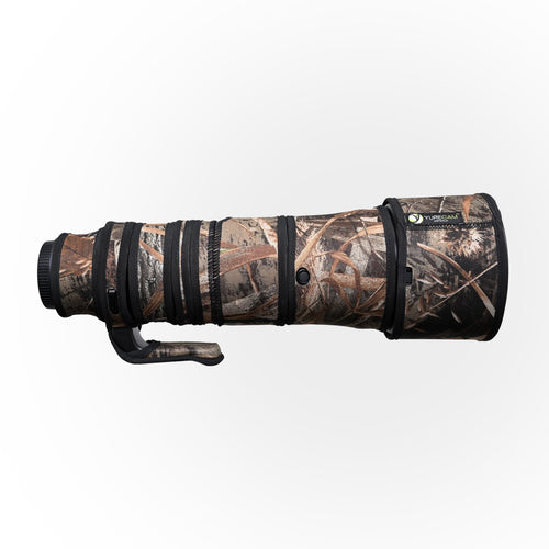 Yurecam Max Camo neoprene lens cover fitted to a Nikon Z 180-600mm f/5.6-6.3 VR lens, side view