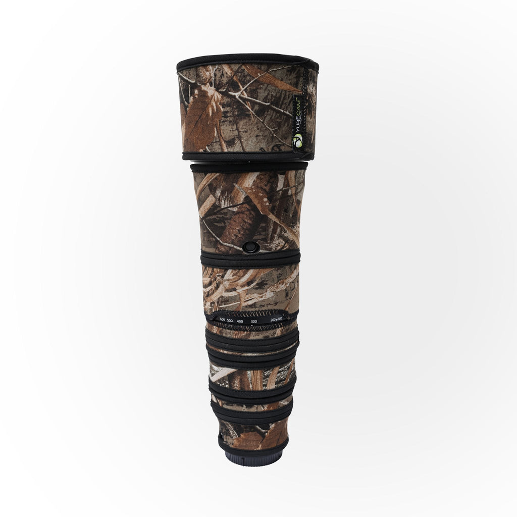 Top view of the Yurecam Max Camo lens cover with zoom scale window visible on the Nikon Z 180-600mm